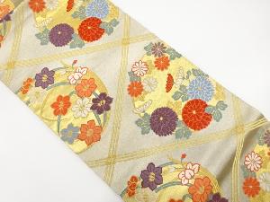 アンティーク　斜め格子に花丸文様織出し袋帯（材料）